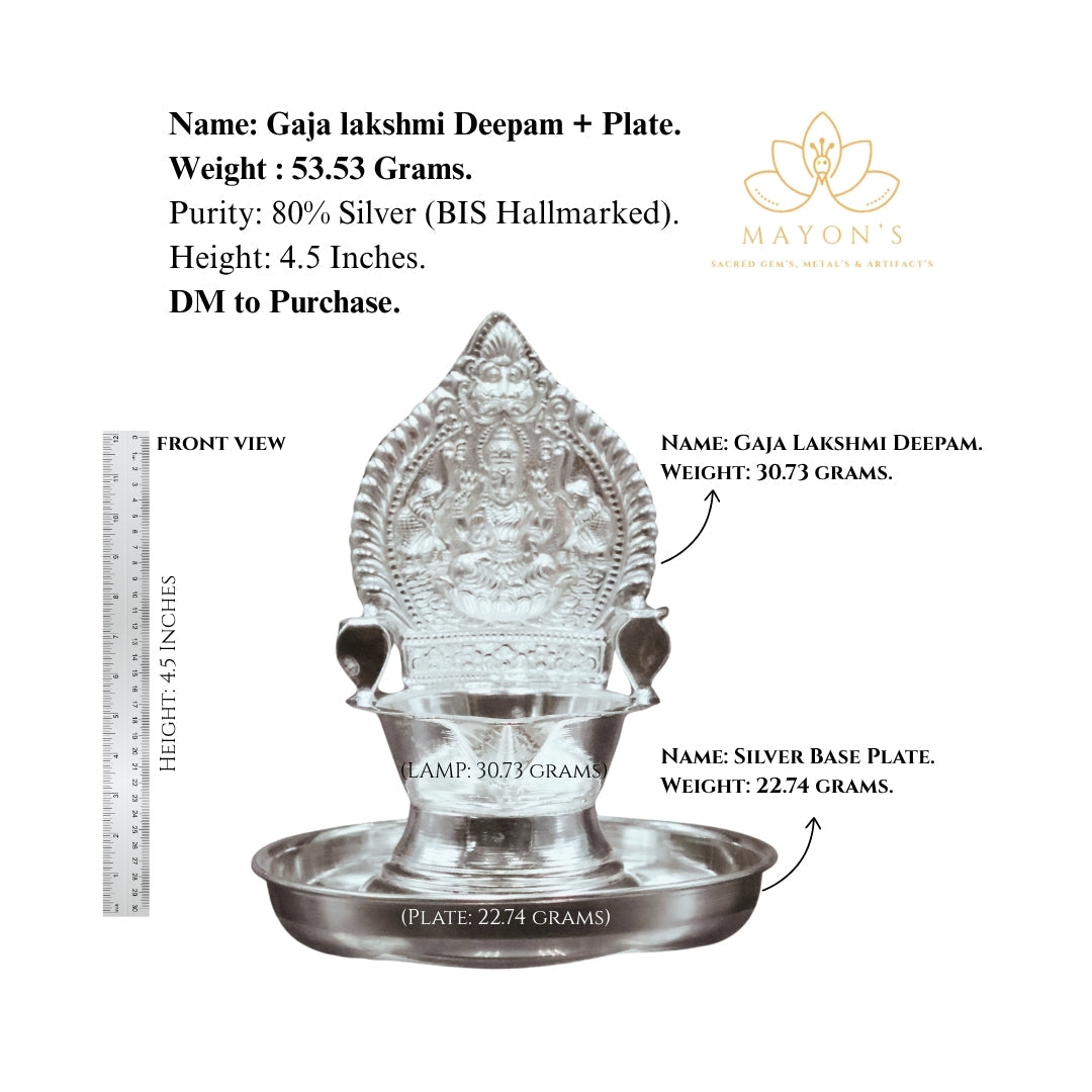 Gaja Lakshmi Silver Deepam with Plate – 80% BIS Hallmarked | 53.53g | 4.5 Inches Krystal Touch