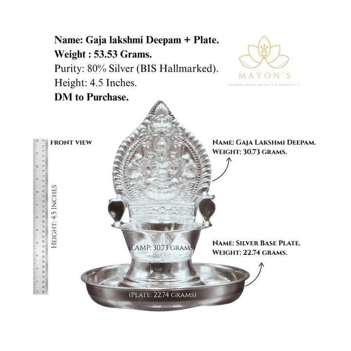 Gaja Lakshmi Silver Deepam with Plate – 80% BIS Hallmarked | 53.53g | 4.5 Inches