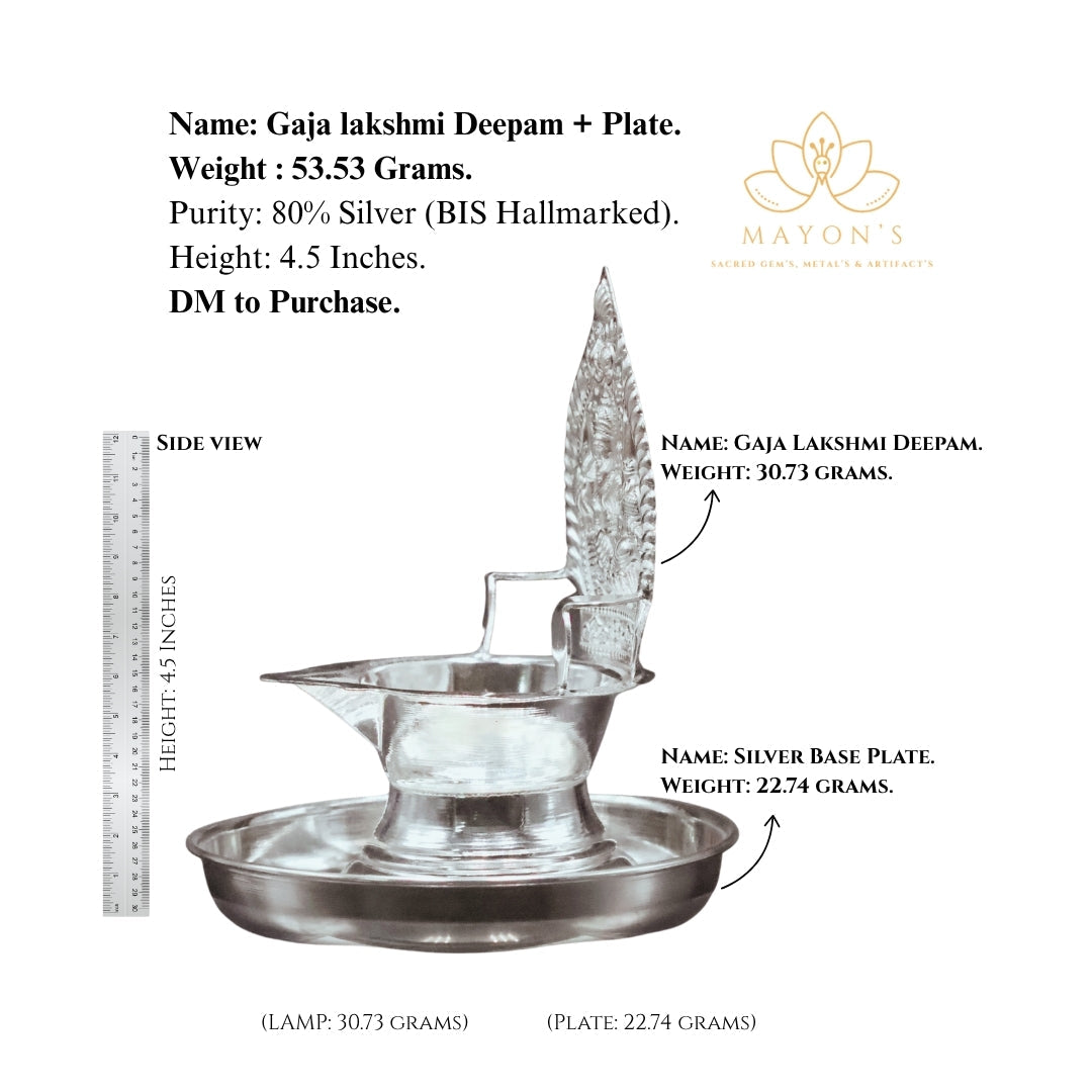 Gaja Lakshmi Silver Deepam with Plate – 80% BIS Hallmarked | 53.53g | 4.5 Inches Krystal Touch