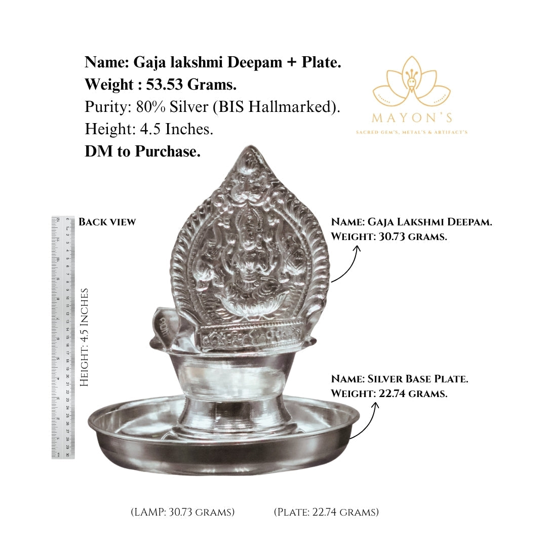 Gaja Lakshmi Silver Deepam with Plate – 80% BIS Hallmarked | 53.53g | 4.5 Inches Krystal Touch