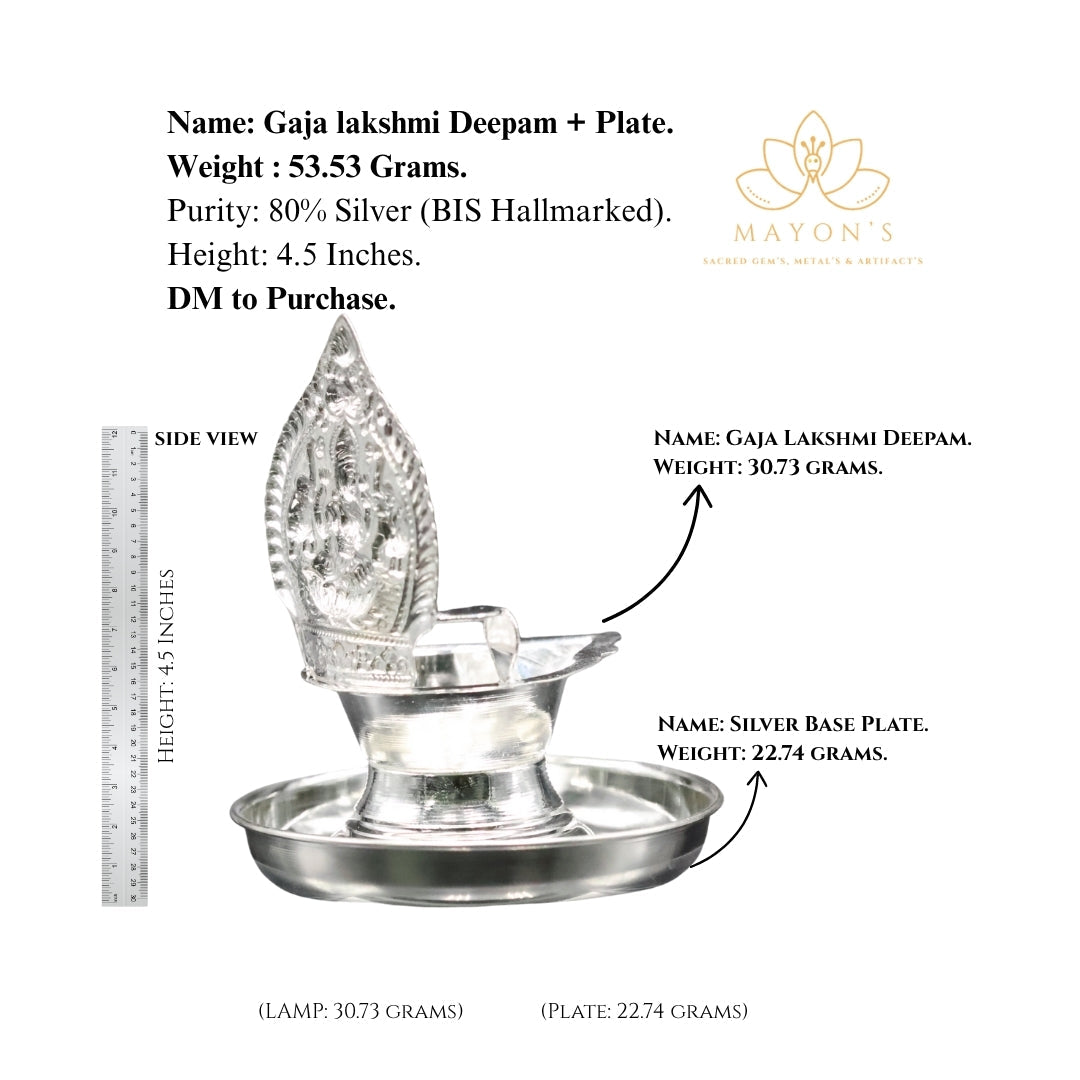 Gaja Lakshmi Silver Deepam with Plate – 80% BIS Hallmarked | 53.53g | 4.5 Inches Krystal Touch