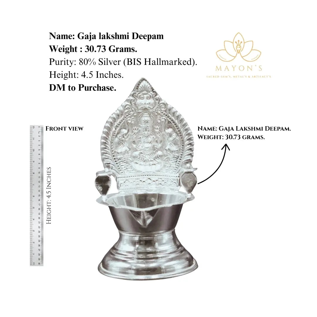 Gaja Lakshmi Silver Deepam – 80% BIS Hallmarked | 30.73g | 4.5 Inches - Krystal Touch