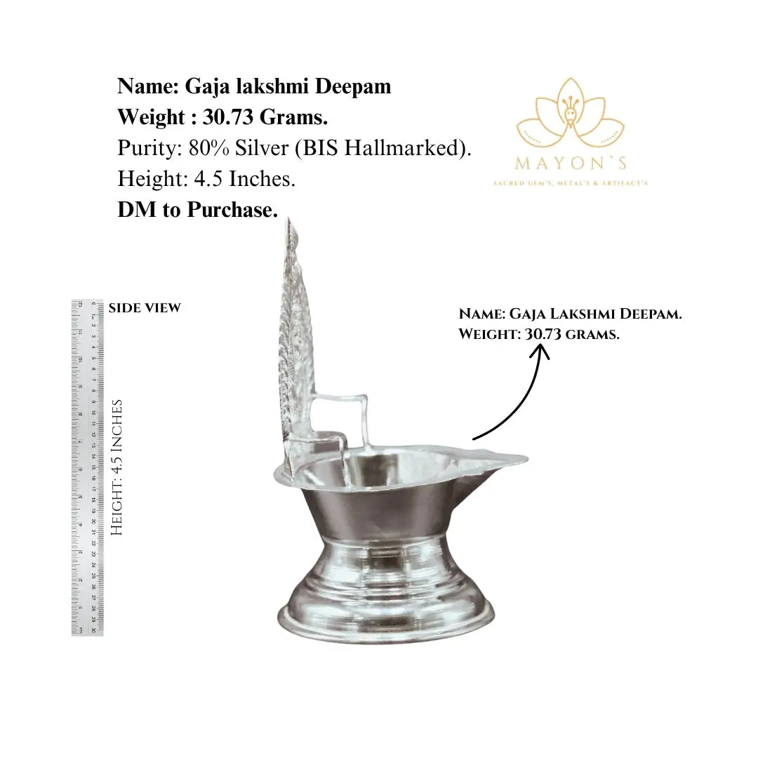 Gaja Lakshmi Silver Deepam – 80% BIS Hallmarked | 30.73g | 4.5 Inches - Krystal Touch