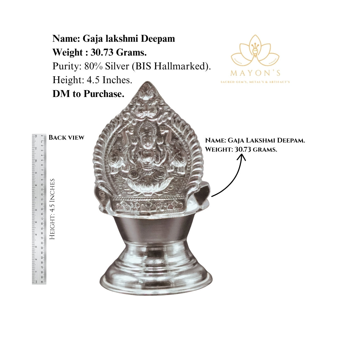 Gaja Lakshmi Silver Deepam – 80% BIS Hallmarked | 30.73g | 4.5 Inches Krystal Touch