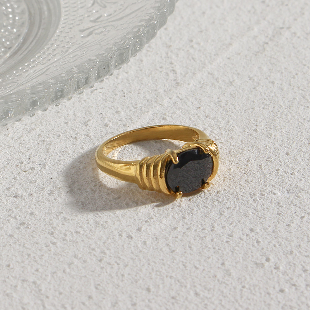 Black Stone Ring - 18kt Gold plated