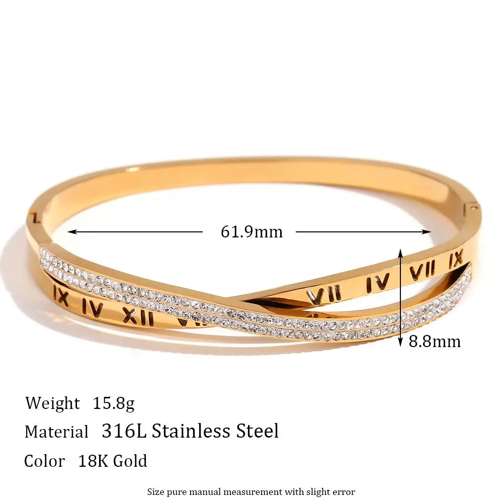 Luxury Roman Numeral Bangle - 18KT Gold Plated - Krystal Touch