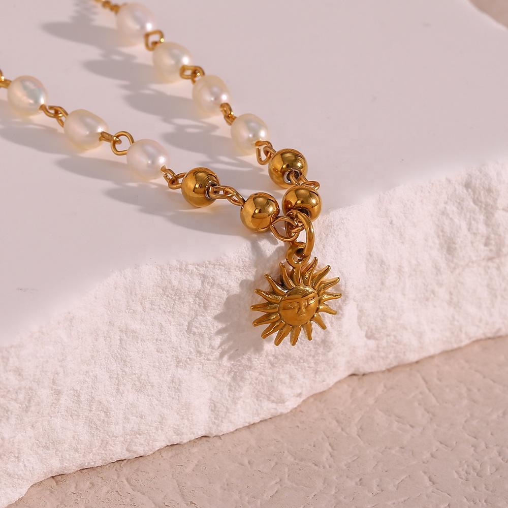 Sun Crest Fresh Water Pearl Necklace - 18KT Gold Plated Krystal Touch