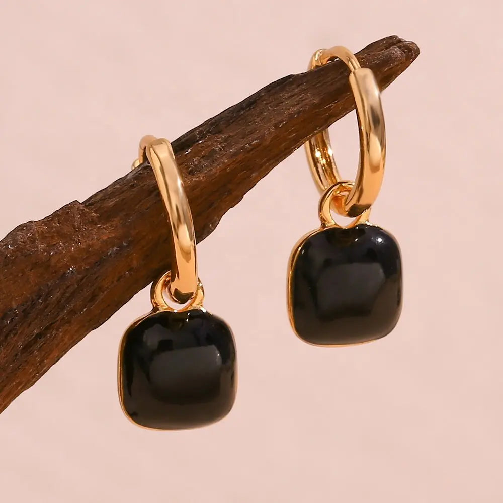 Double Enamel Black Square Drops – 18KT Gold Plated - Krystal Touch