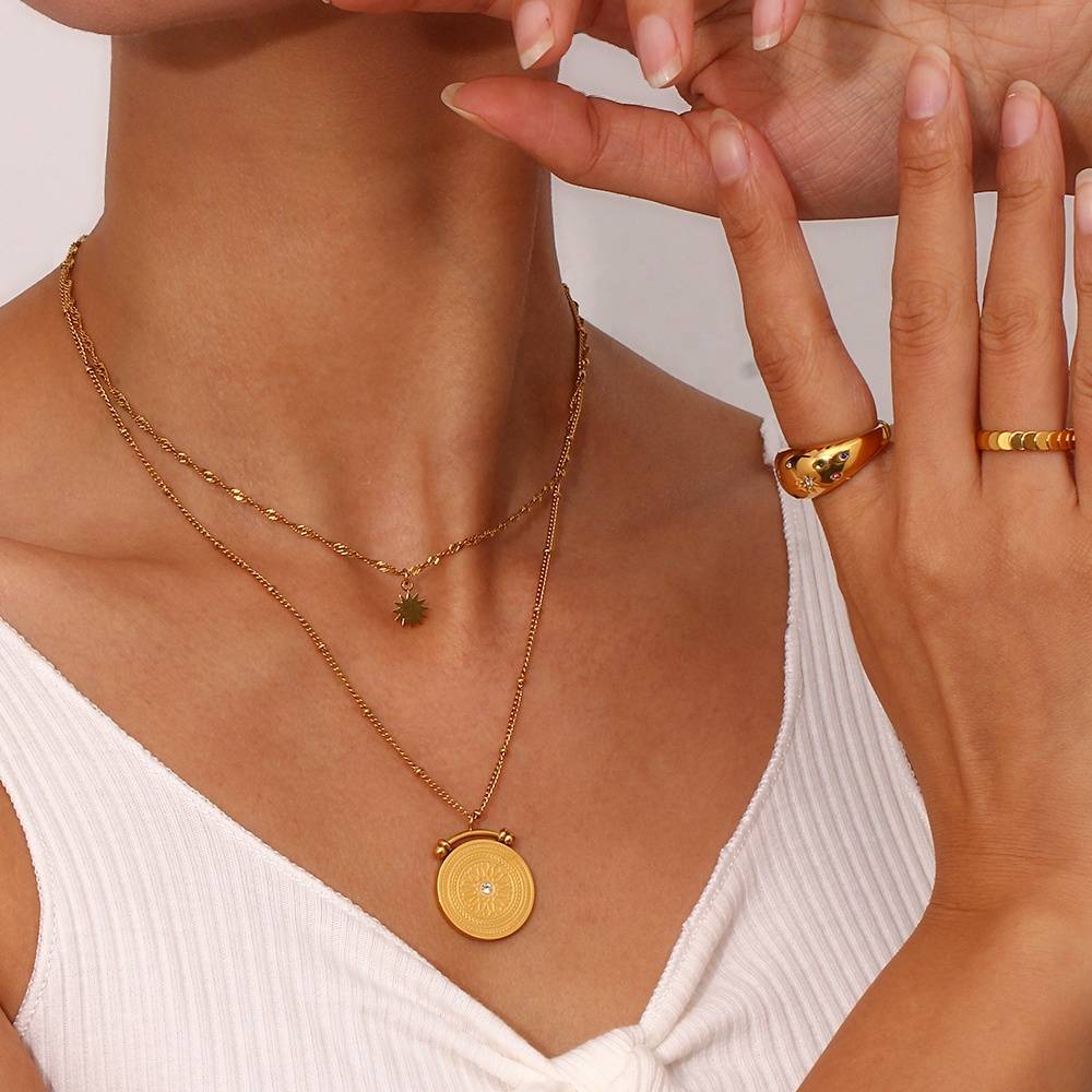 Double Layered Roman Compass Necklace - 18KT Gold Plated Krystal Touch