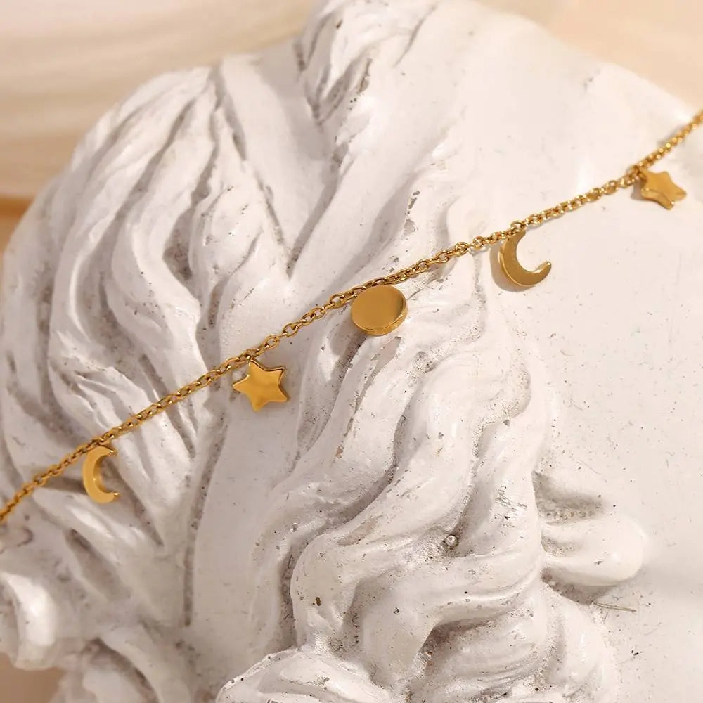 Sun, Star & Moon Charm Bracelet – 18KT Gold Plated - Krystal Touch