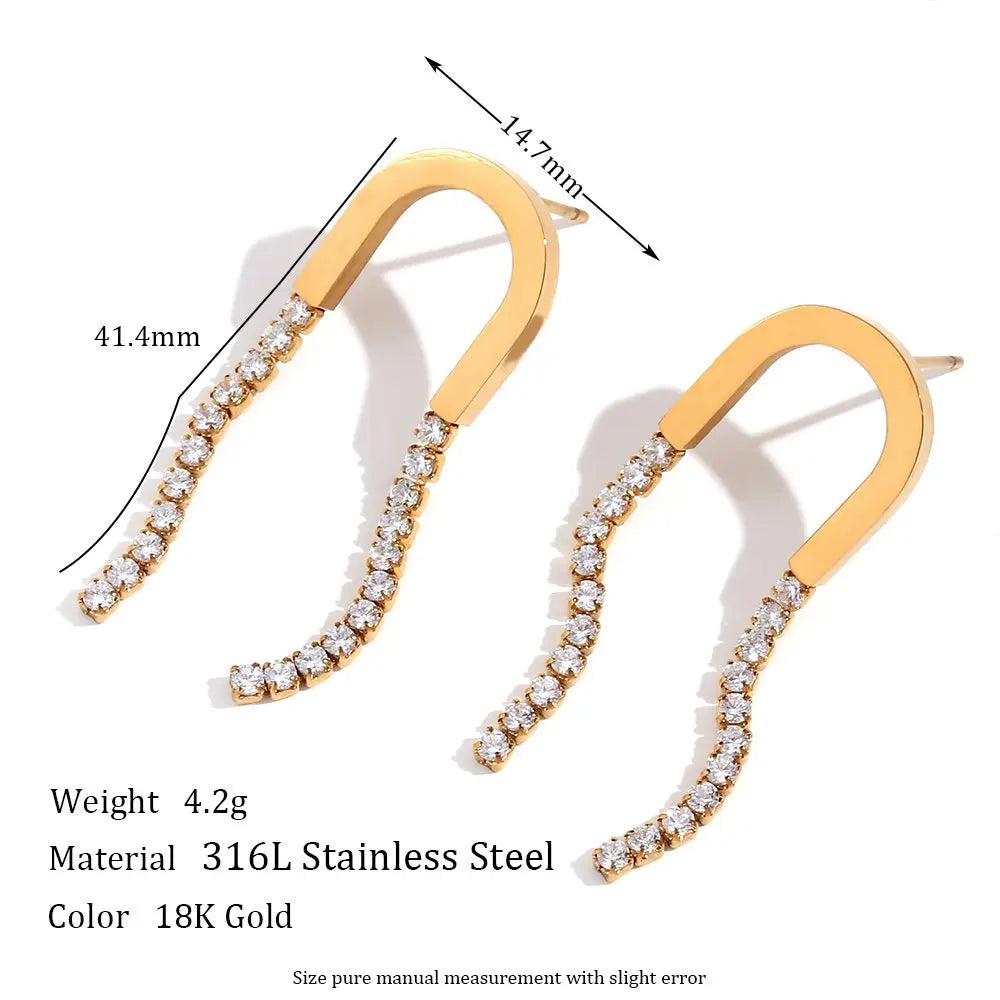 Zircon Tassel U Earrings – 18KT Gold Plated - Krystal Touch