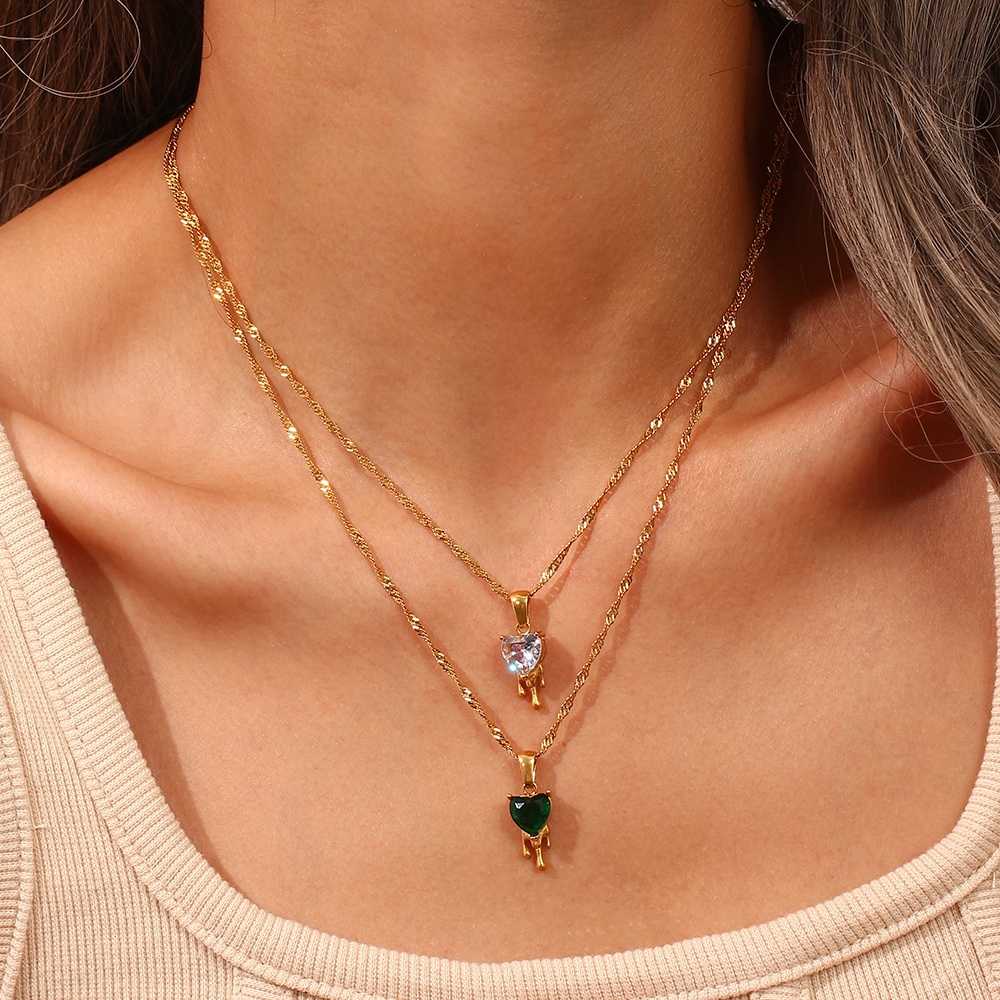 Green Onyx Melting Heart Necklace - 18KT Gold Plated Krystal Touch