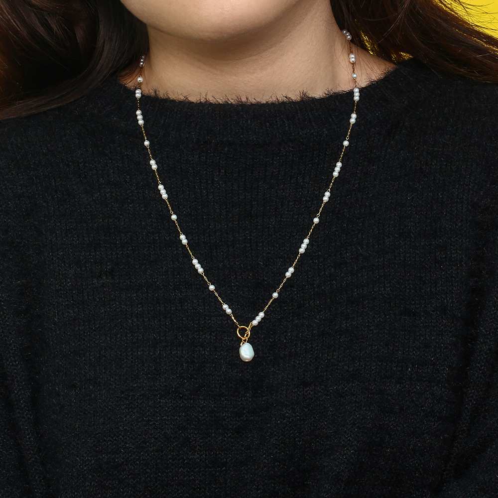 Fresh Water Pearl Long Necklace - 18KT Gold Plated Krystal Touch