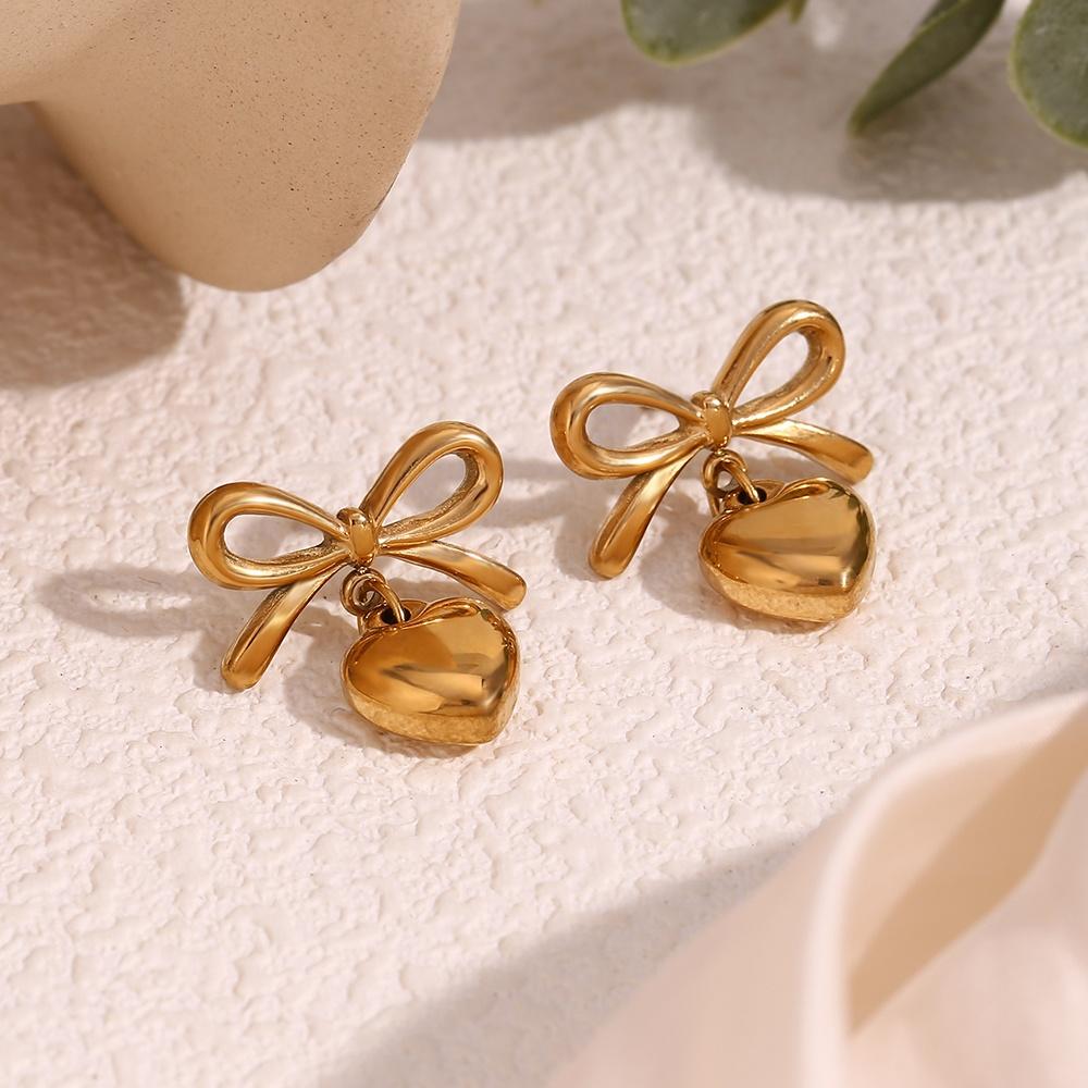 Bow Heart Earring - 18KT Gold Plated Krystal Touch