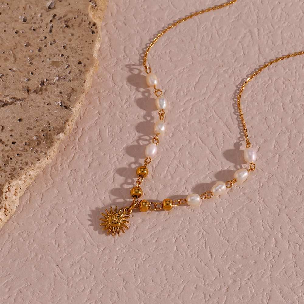 Sun Crest Fresh Water Pearl Necklace - 18KT Gold Plated Krystal Touch