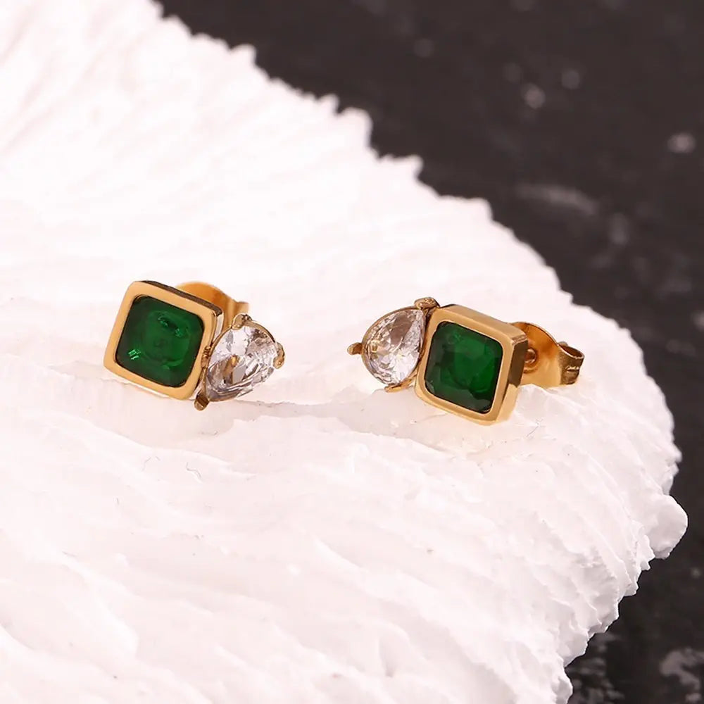 Emerald Green Stud Earrings – 18KT Gold Plated - Krystal Touch