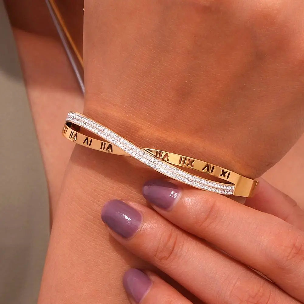 Luxury Roman Numeral Bangle - 18KT Gold Plated - Krystal Touch