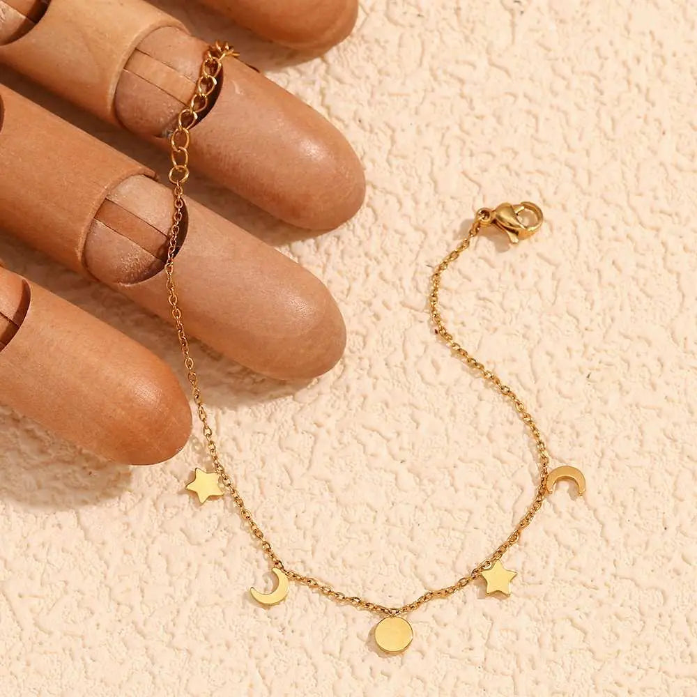 Sun, Star & Moon Charm Bracelet – 18KT Gold Plated - Krystal Touch