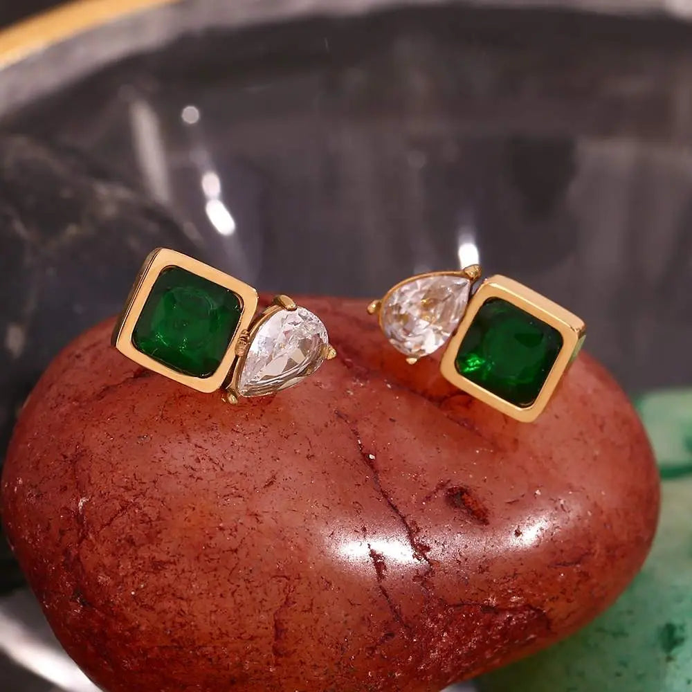 Emerald Green Stud Earrings – 18KT Gold Plated - Krystal Touch