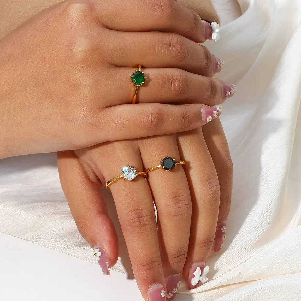 Green Onyx Solitaire Ring – 18KT Gold Plated - Krystal Touch