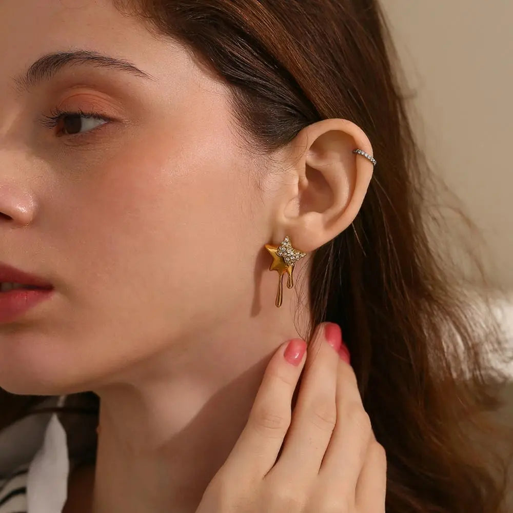 Melting Star Stud Earrings – 18KT Gold Plated - Krystal Touch
