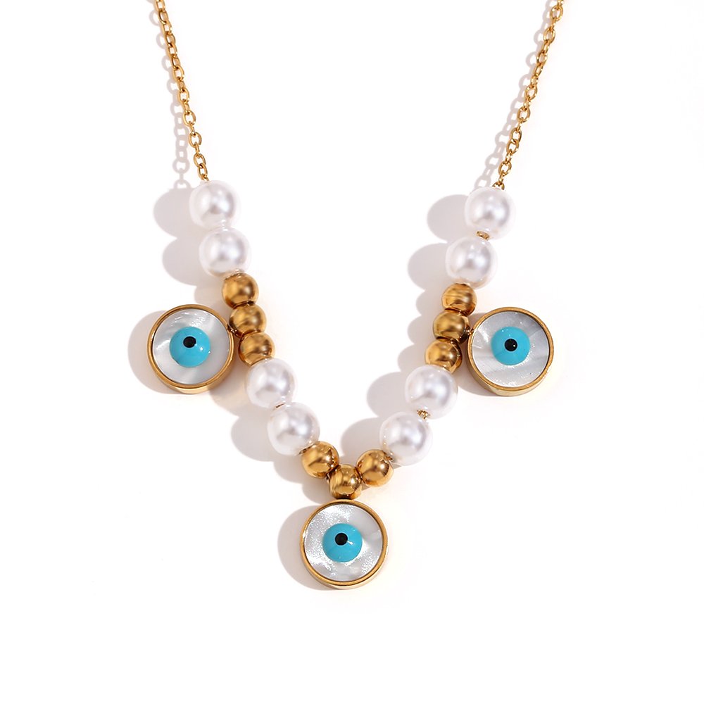 Pearl Evil Eye Necklace - 18KT Gold Plated Krystal Touch
