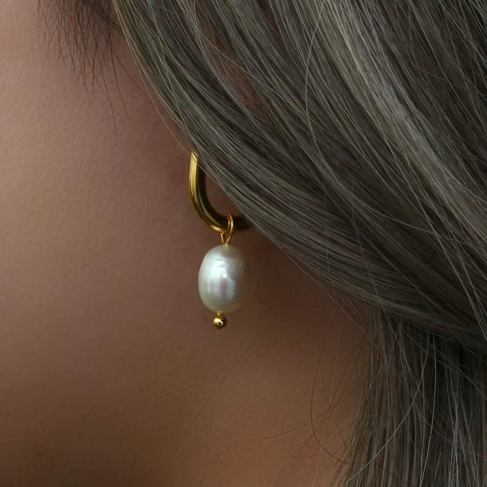 Pearl Drop U-Shape Earrings – 18KT Gold Plated - Krystal Touch