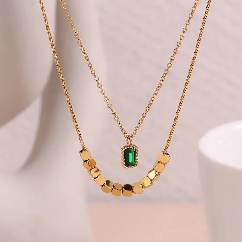 Emerald Green Double-Layered Necklace – 18KT Gold Plated - Krystal Touch