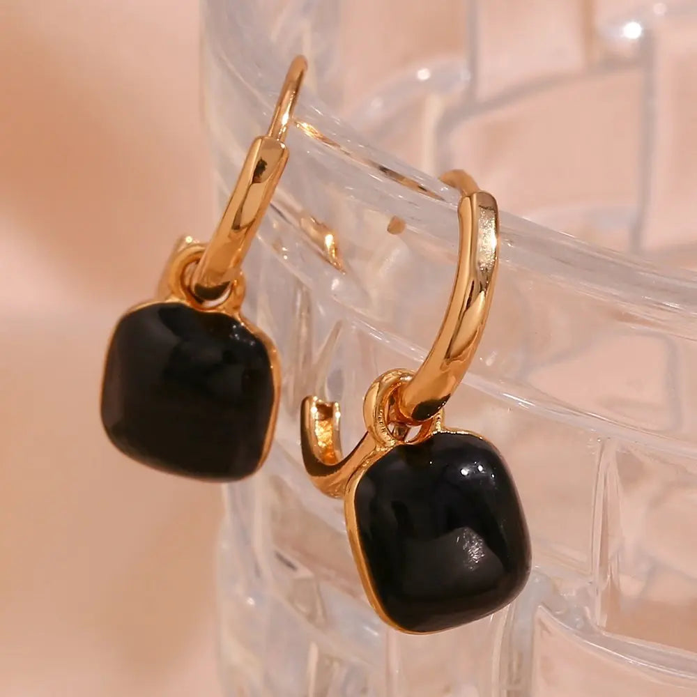 Double Enamel Black Square Drops – 18KT Gold Plated - Krystal Touch