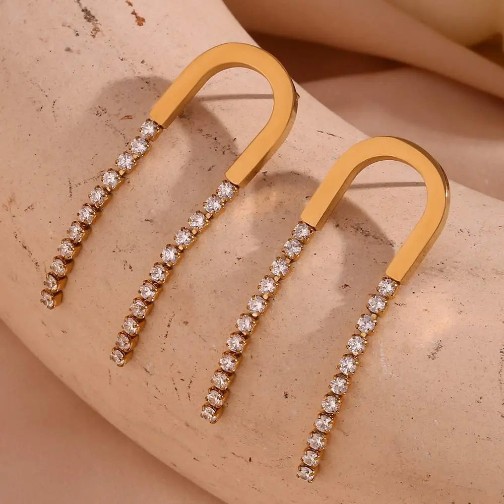 Zircon Tassel U Earrings – 18KT Gold Plated - Krystal Touch