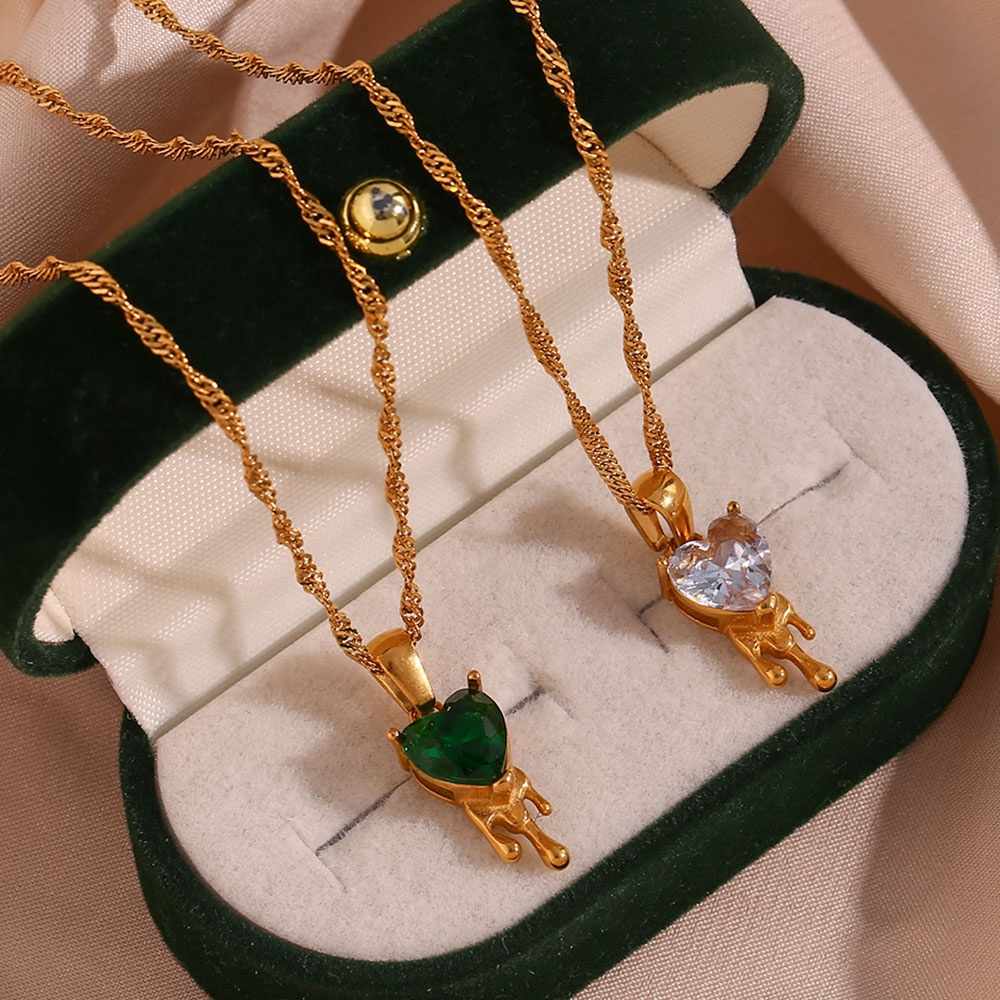 Green Onyx Melting Heart Necklace - 18KT Gold Plated Krystal Touch