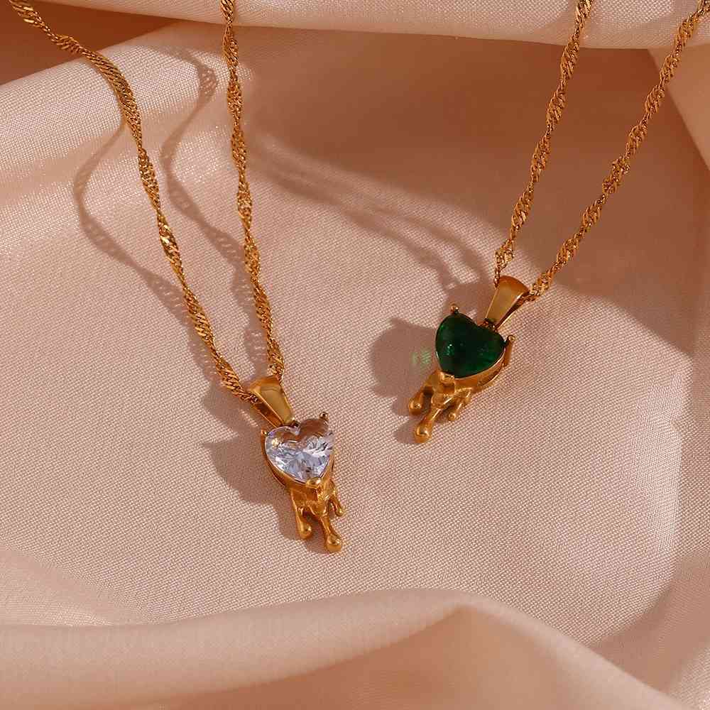 Green Onyx Melting Heart Necklace - 18KT Gold Plated Krystal Touch