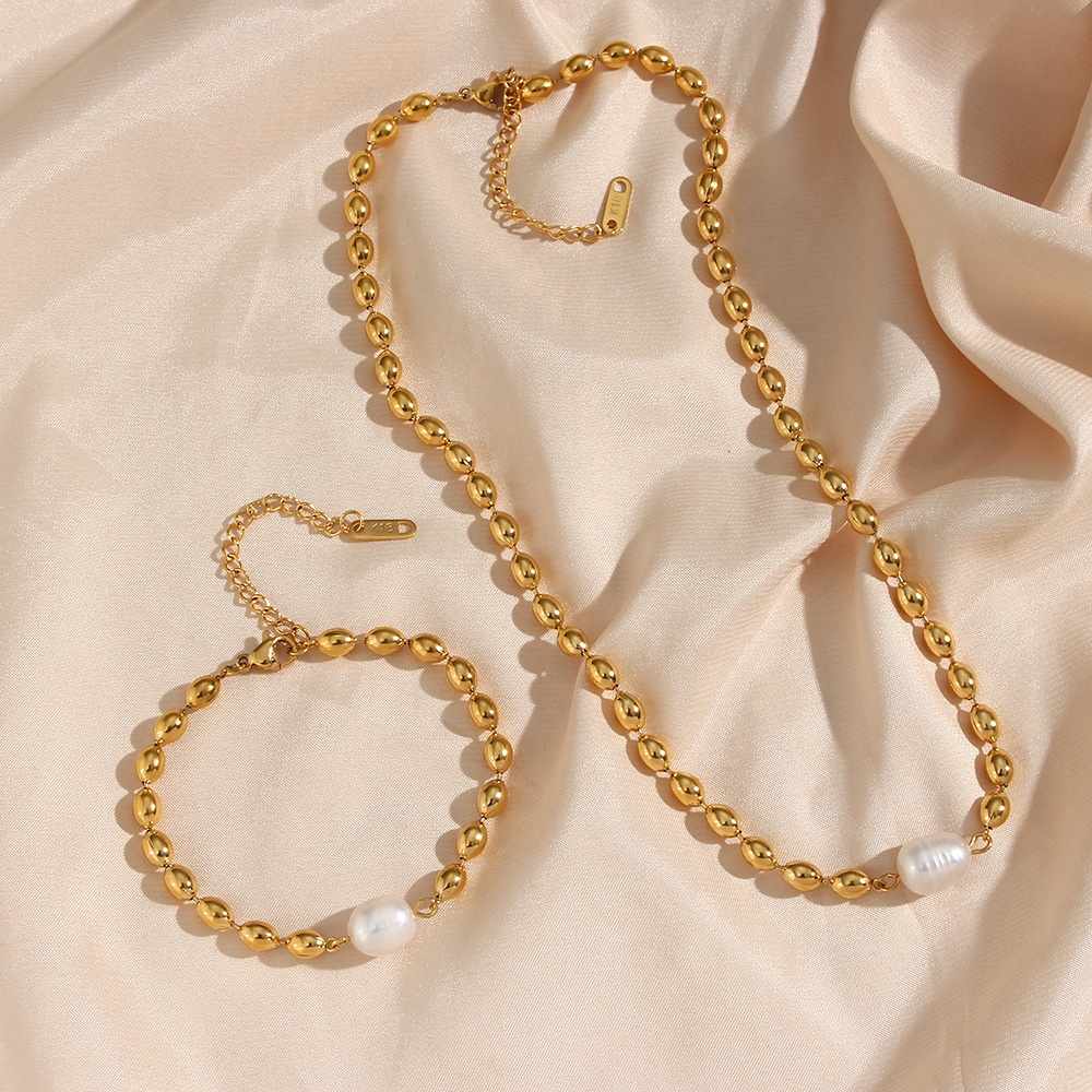 Fashion Pearl Charm Necklace Bracelet Set - 18k Gold Plated