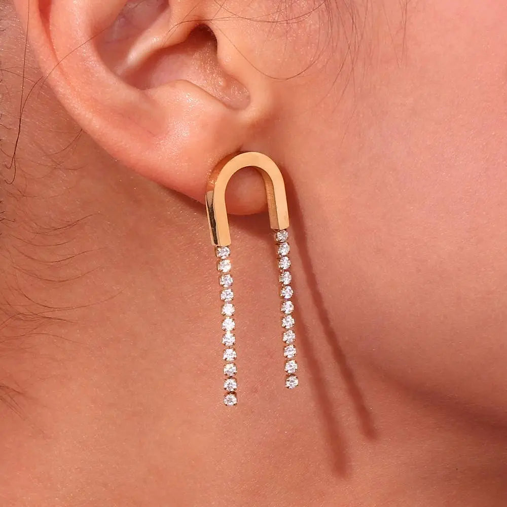 Zircon Tassel U Earrings – 18KT Gold Plated - Krystal Touch