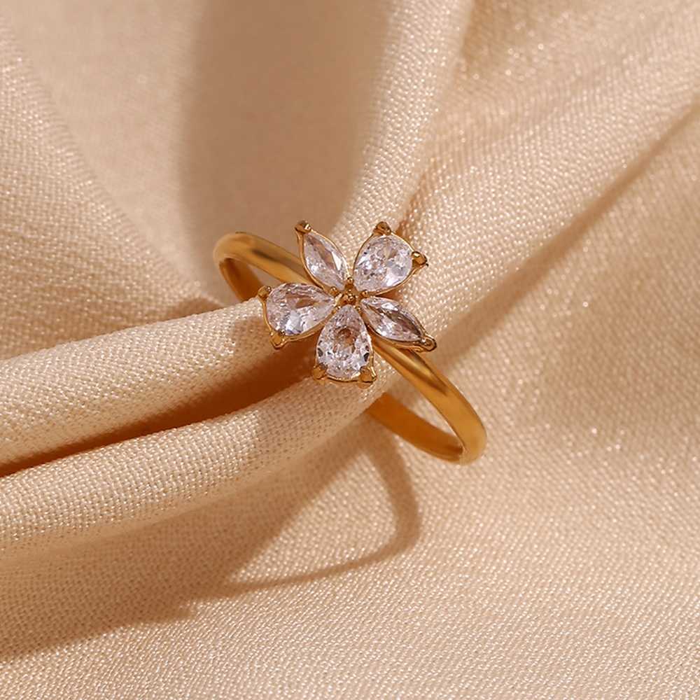 Flower Stone Ring - 18KT Gold Plated Krystal Touch