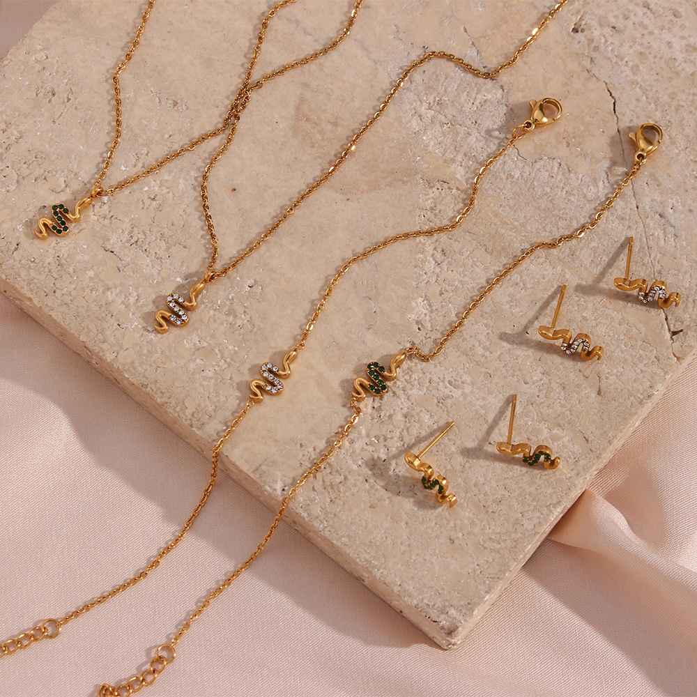 Dainty Snake Necklace Earring Bracelet Set - 18KT Gold Plated Krystal Touch