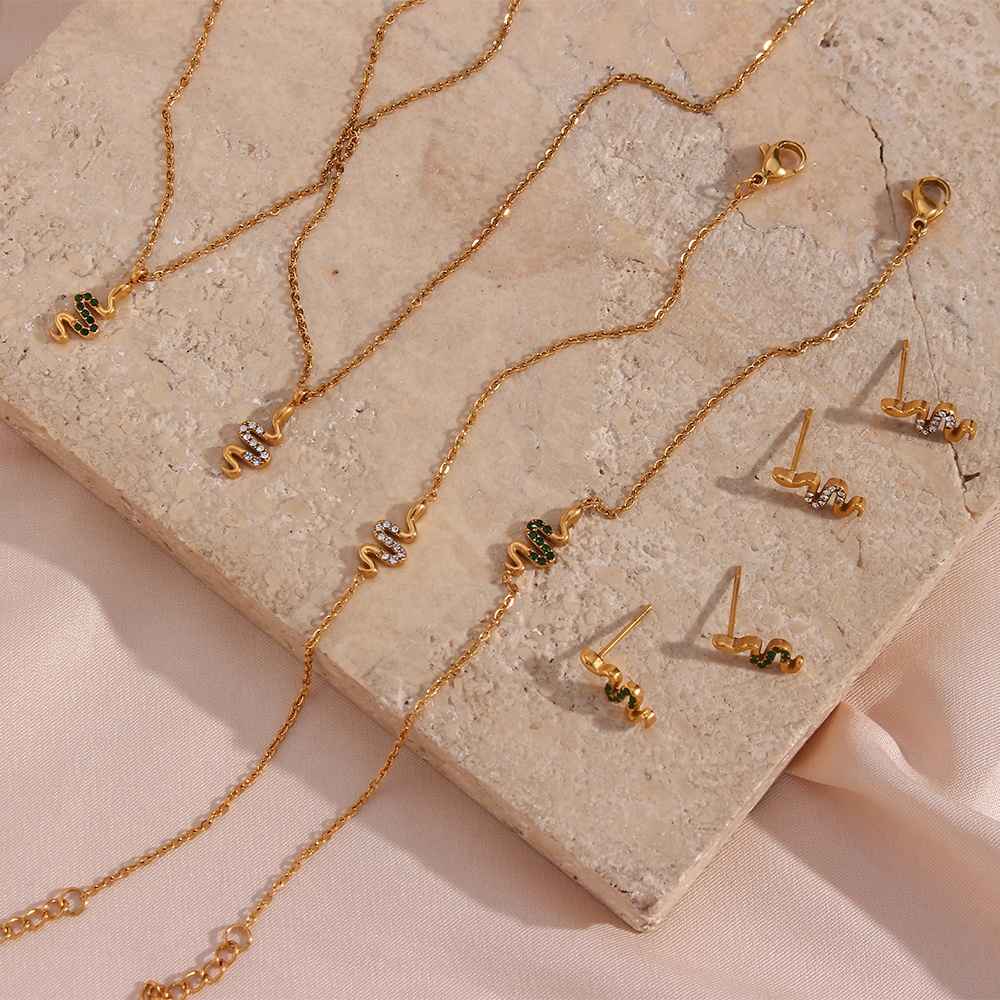 Dainty Snake Shape Pendant Necklace Earring Bracelet Set - 18 KT Gold Plated