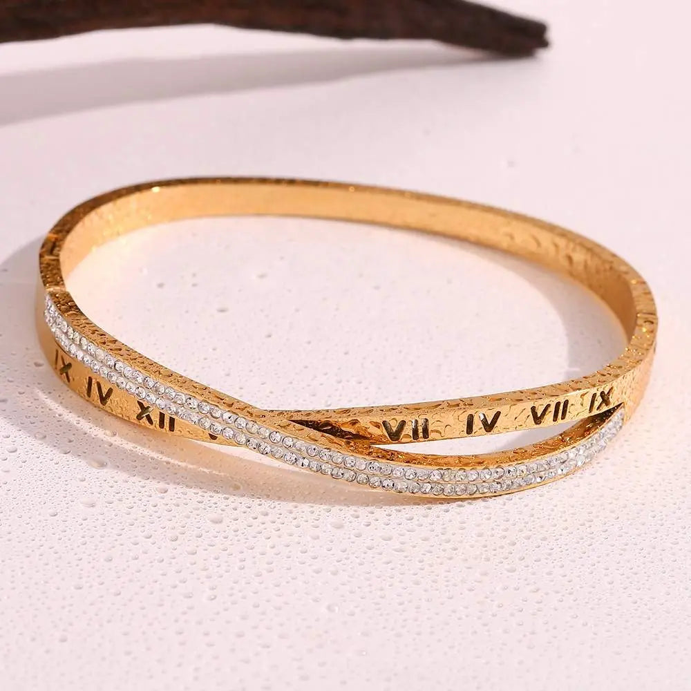 Luxury Roman Numeral Bangle - 18KT Gold Plated - Krystal Touch