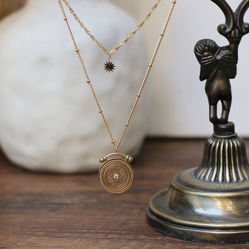 Double Layered Roman Compass Necklace - 18KT Gold Plated Krystal Touch