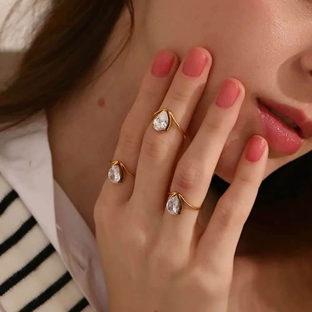 Golden Dewdrop Ring – 18KT Gold Plated - Krystal Touch