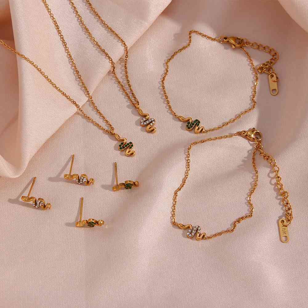 Dainty Snake Necklace Earring Bracelet Set - 18KT Gold Plated Krystal Touch