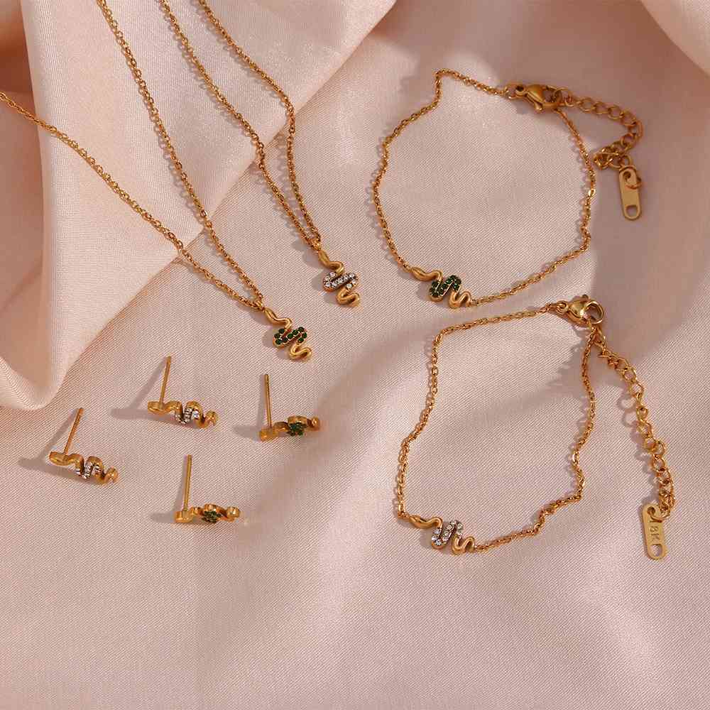 Dainty Snake Shape Pendant Necklace Earring Bracelet Set - 18 KT Gold Plated