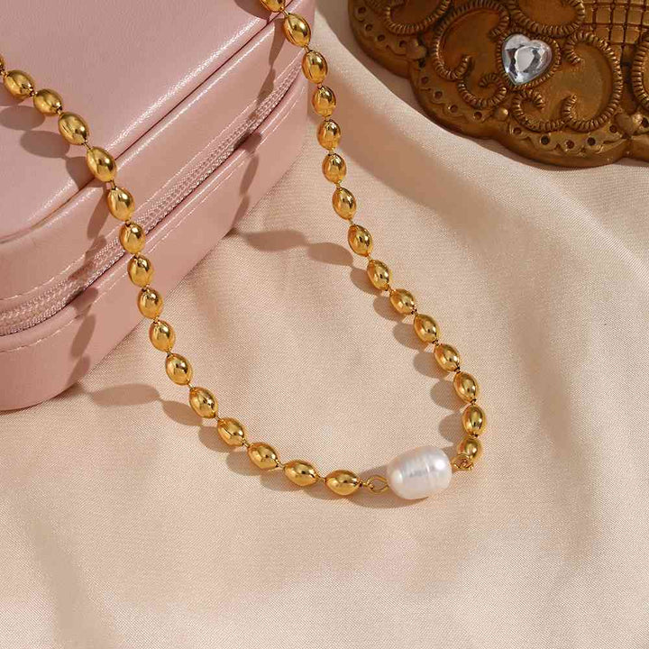 Fashion Pearl Charm Necklace Bracelet Set - 18k Gold Plated