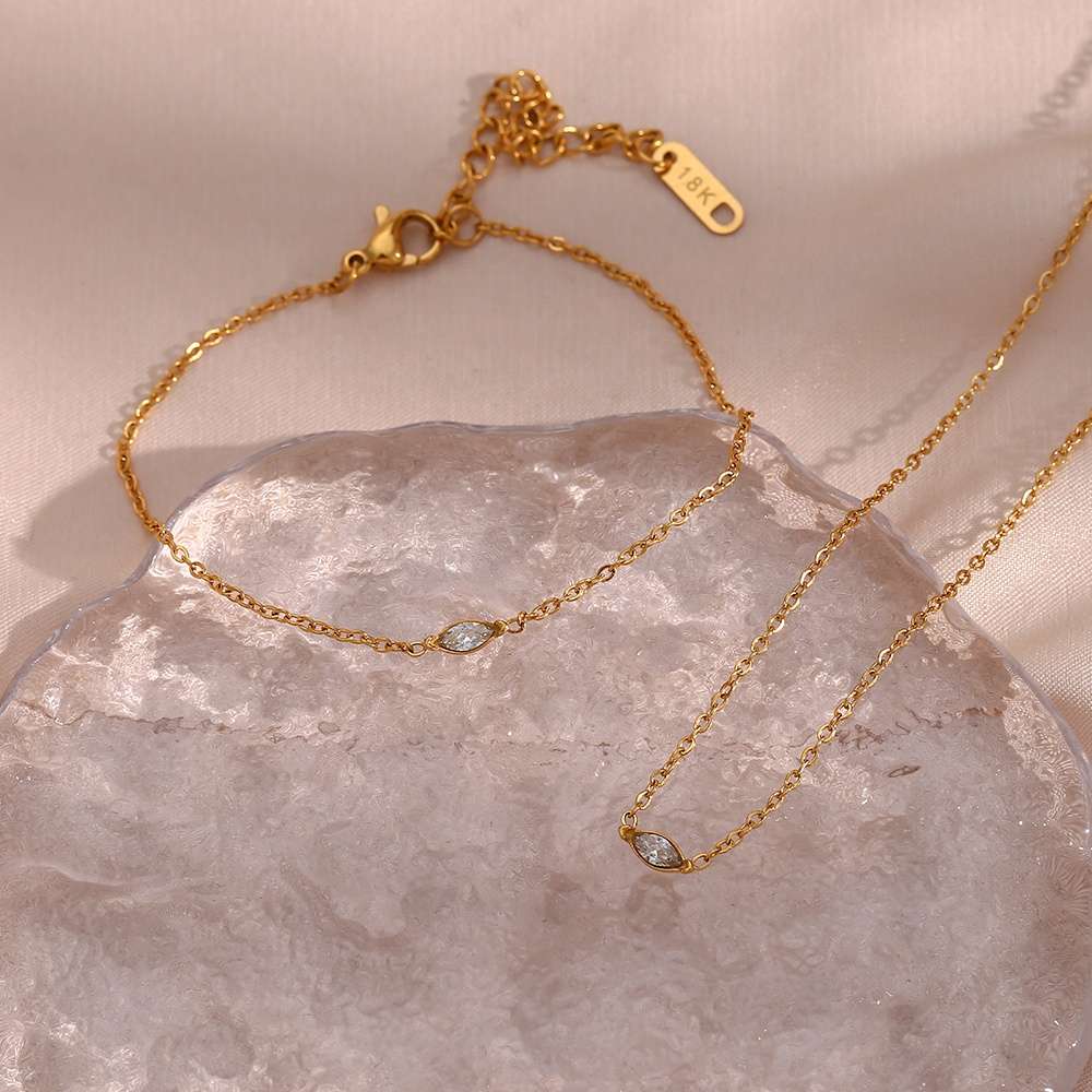 Dainty Zircon Charm Necklace Earring Set - 18k Gold Plated