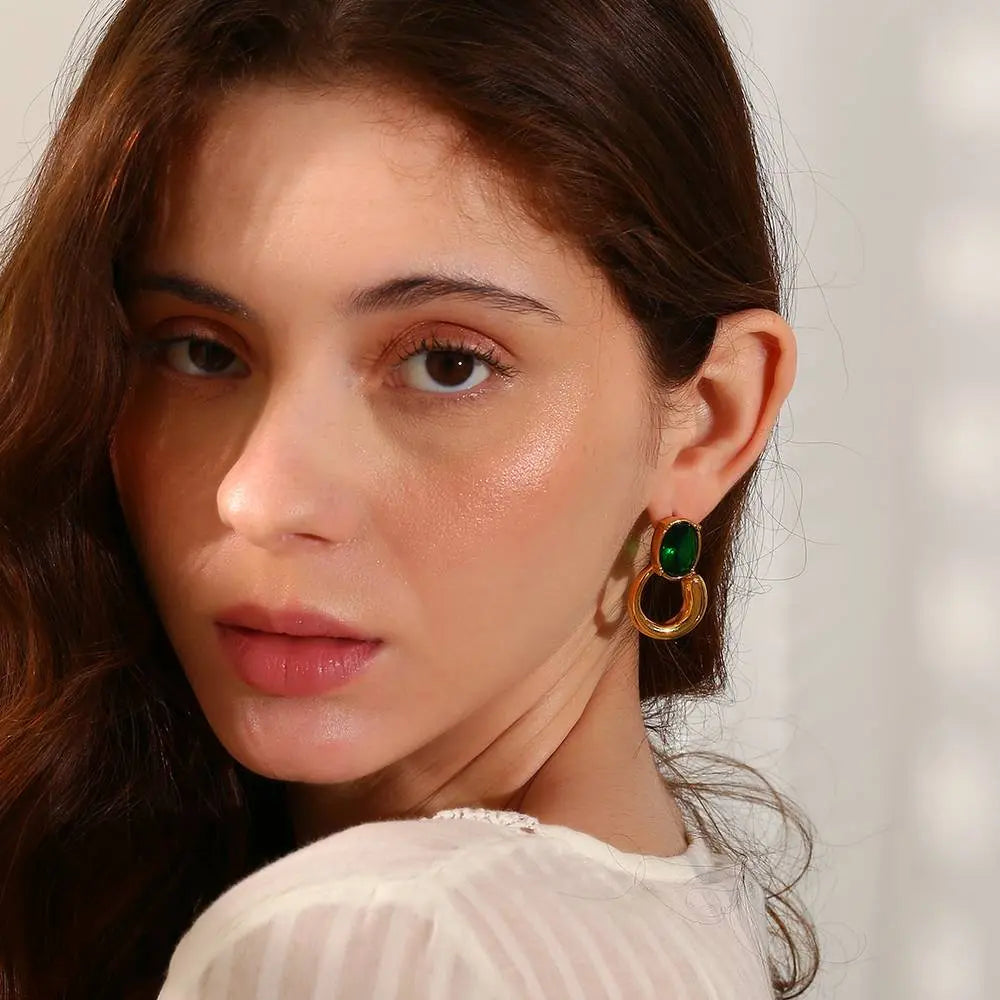 Vintage Onyx & Emerald Stud Earrings – 18KT Gold Plated - Krystal Touch