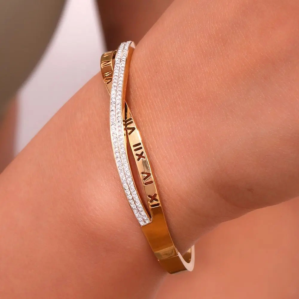 Luxury Roman Numeral Bangle - 18KT Gold Plated - Krystal Touch