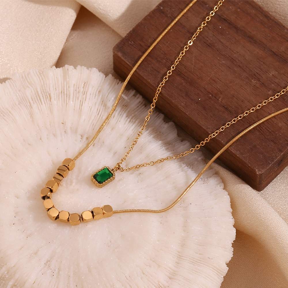 Emerald Green Double-Layered Necklace – 18KT Gold Plated Krystal Touch