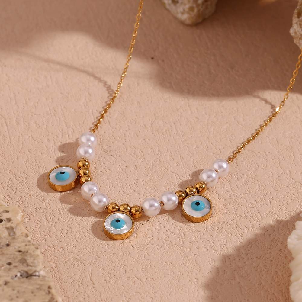 Pearl Evil Eye Necklace - 18KT Gold Plated Krystal Touch