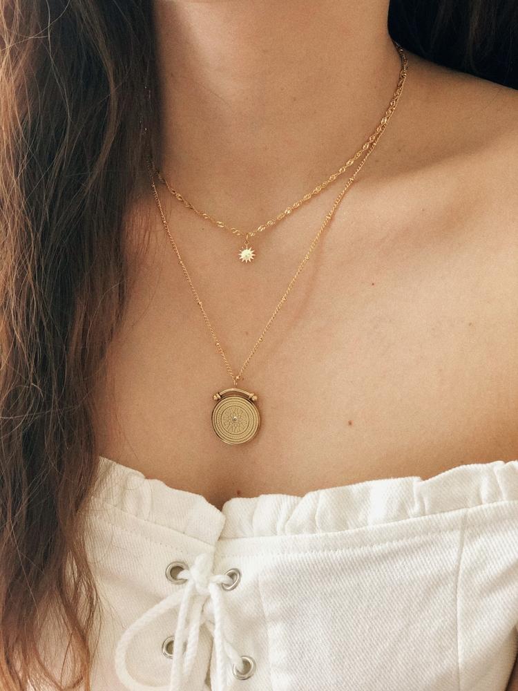 Double Layered Roman Compass Necklace - 18KT Gold Plated Krystal Touch