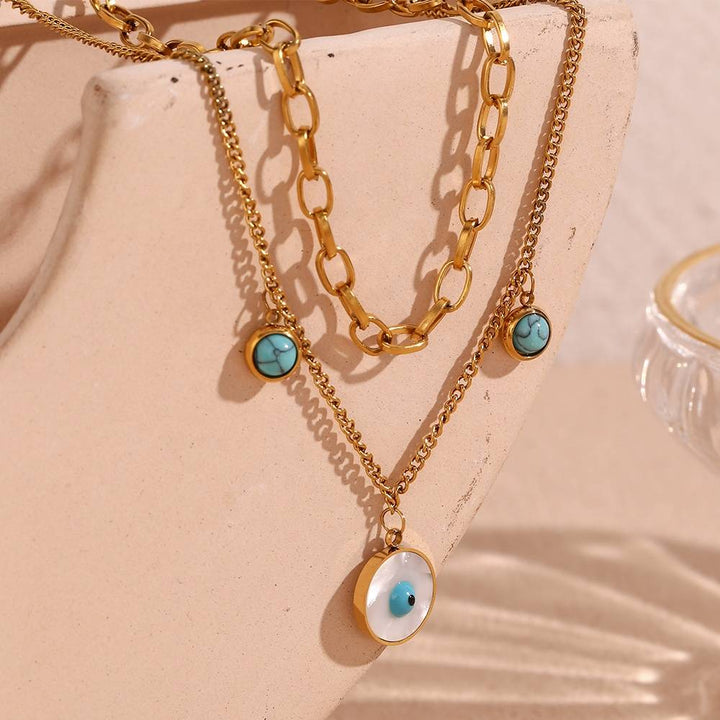 Turquoise Evil Eye Double Layer Necklace - 18k Gold Plated